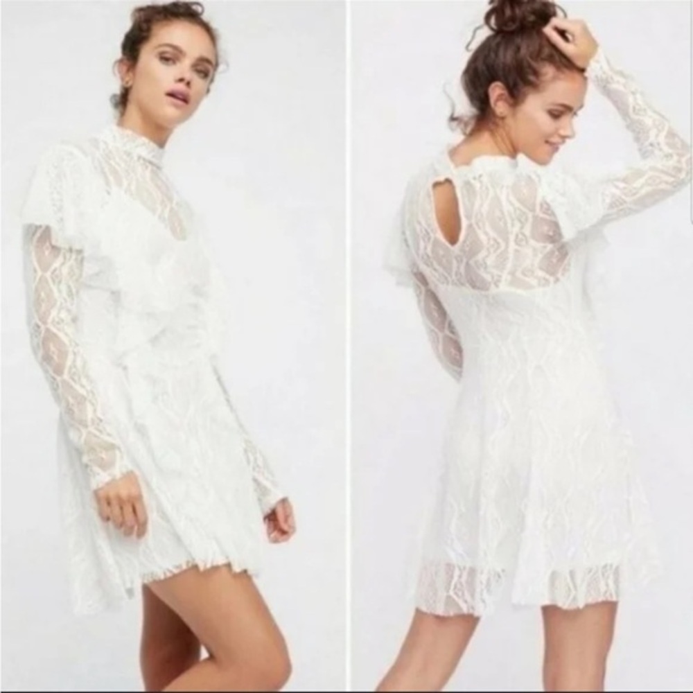 FREE PEOPLE MOCK NECK LONG SLEEVE ALLOVER LACE DRESS IVORY small